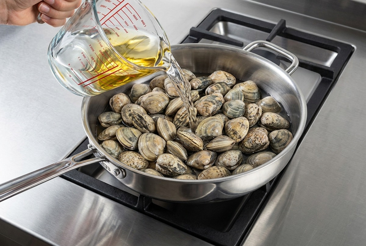 Acqua versata da un misurino in una grande padella di acciaio inossidabile piena di vongole crude.