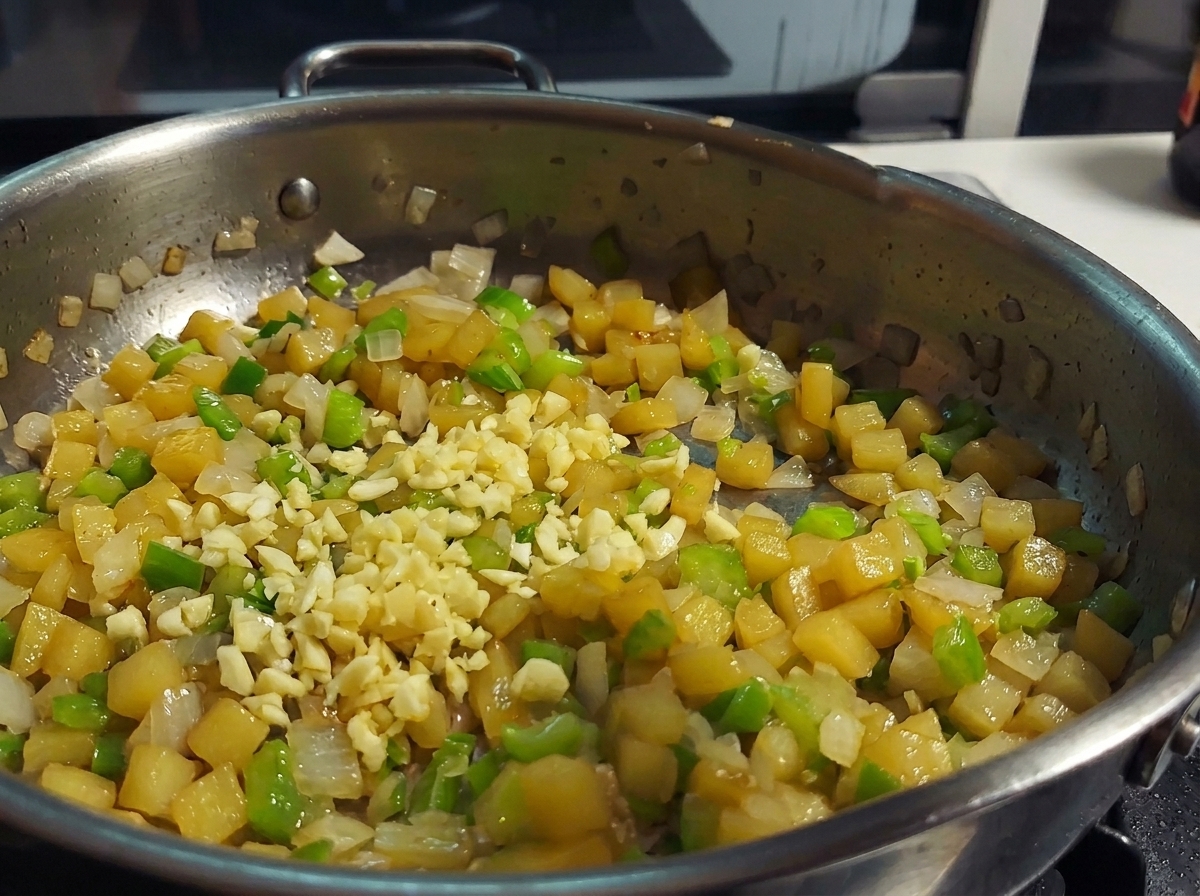 Aglio fresco tritato aggiunto a una padella con patate, sedano e cipolle appassite.