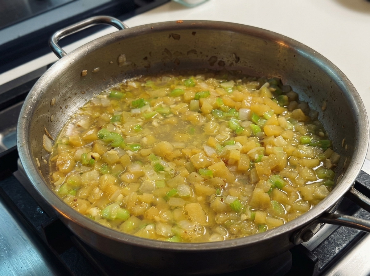 Il brodo di vongole filtrato che sobbolle con le verdure in una padella di acciaio.