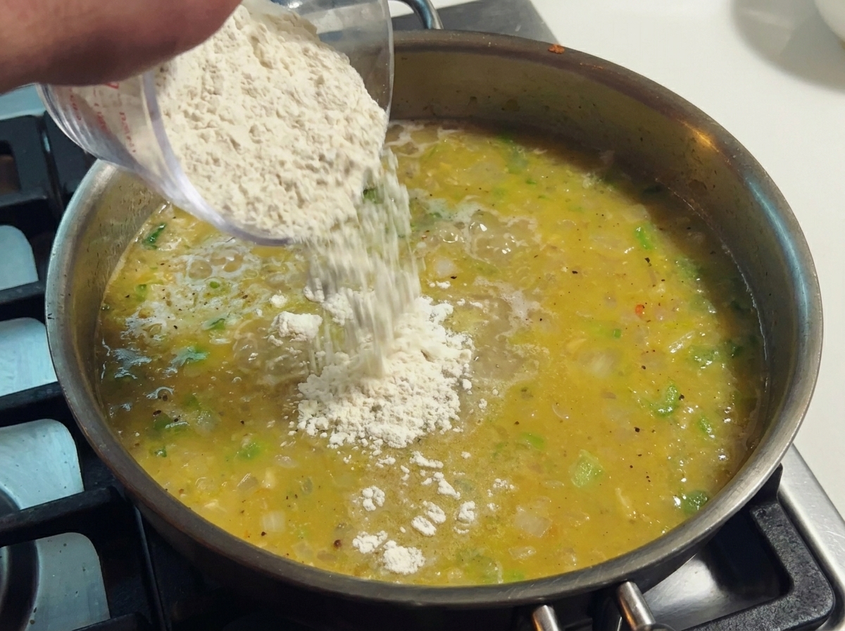 Un cucchiaio di legno che mescola un brodo denso con verdure in una padella di acciaio.