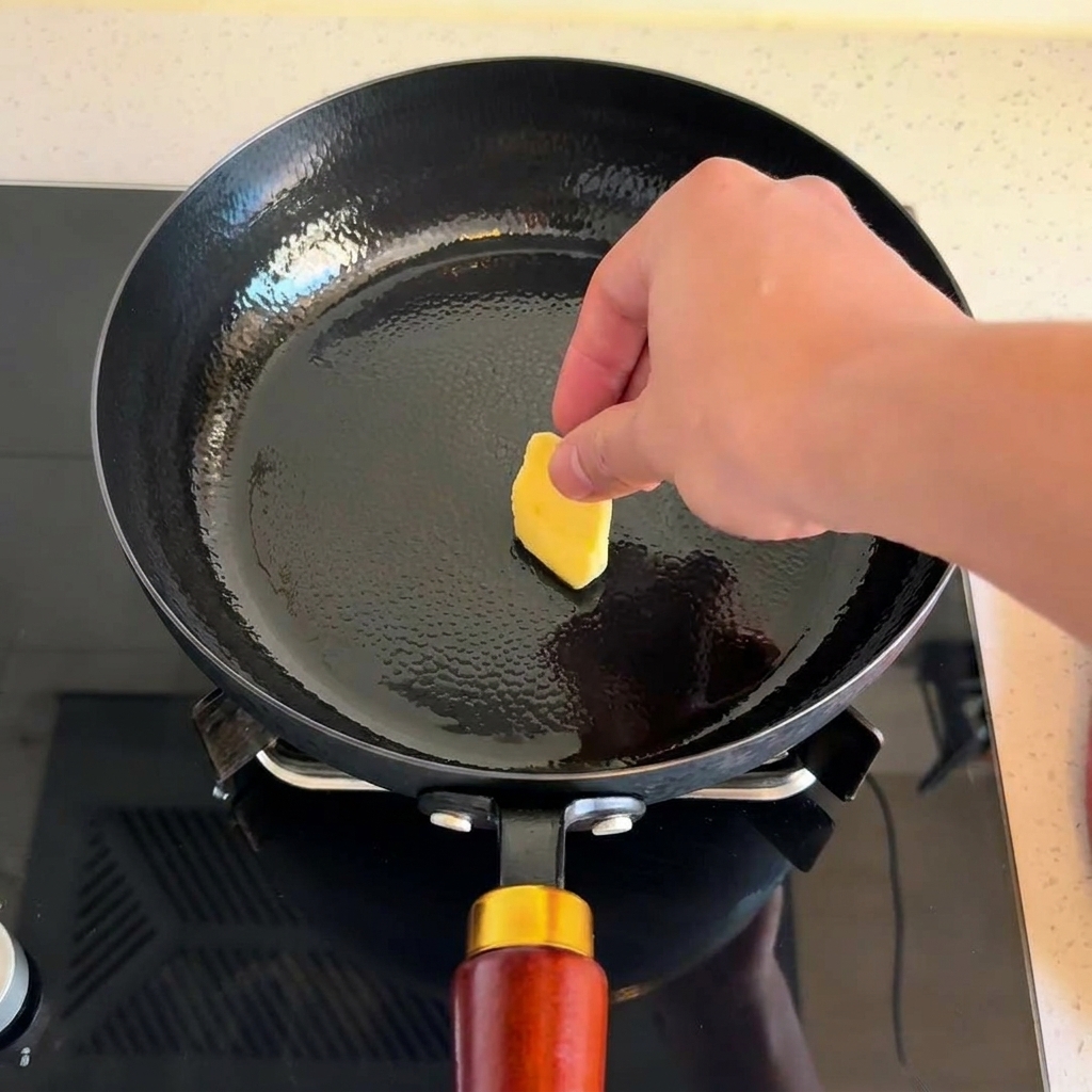 Una mano che mette un pezzetto di burro giallo in una padella nera calda.