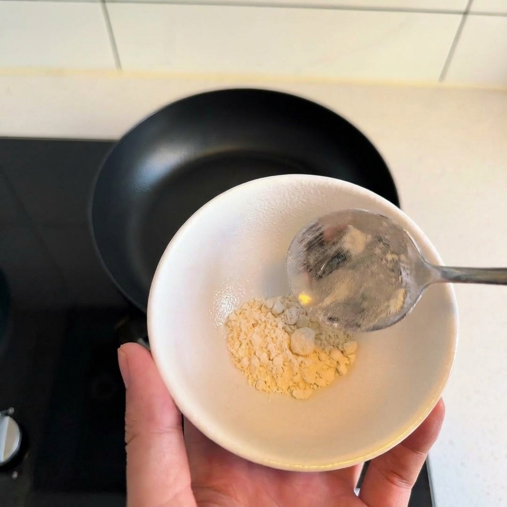 Un cucchiaio di farina bianca in una piccola ciotola bianca.