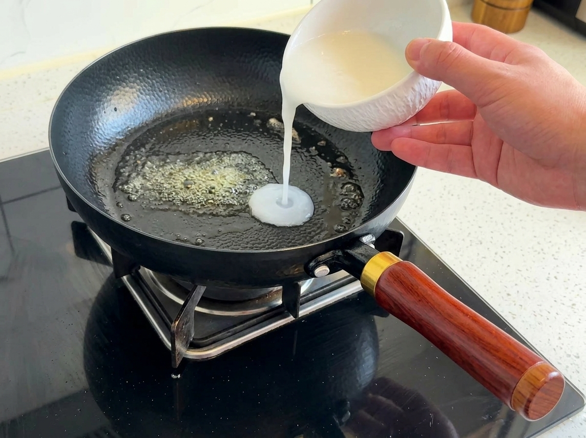 Miscela di acqua e farina versata da una ciotola in padella con il burro fuso.
