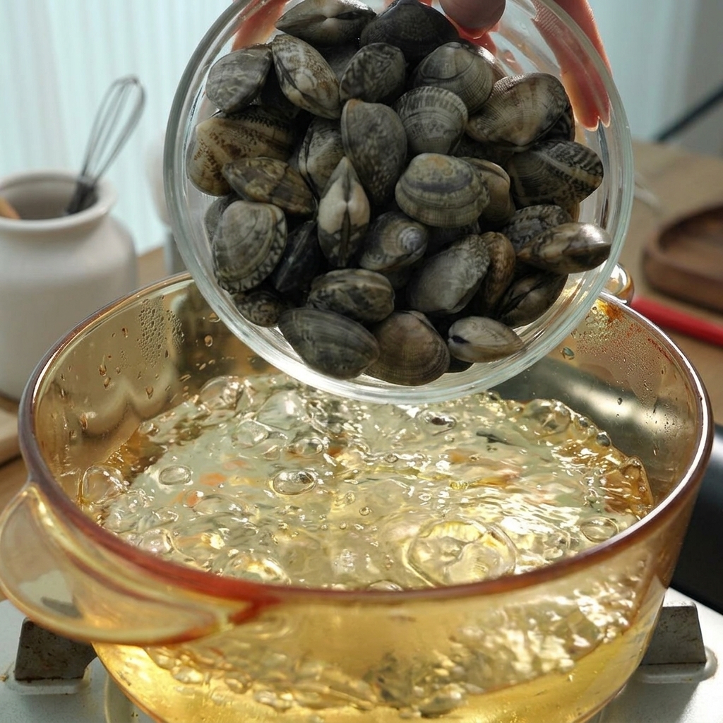 Vongole fresche versate da una ciotola di vetro in una pentola di acqua bollente.