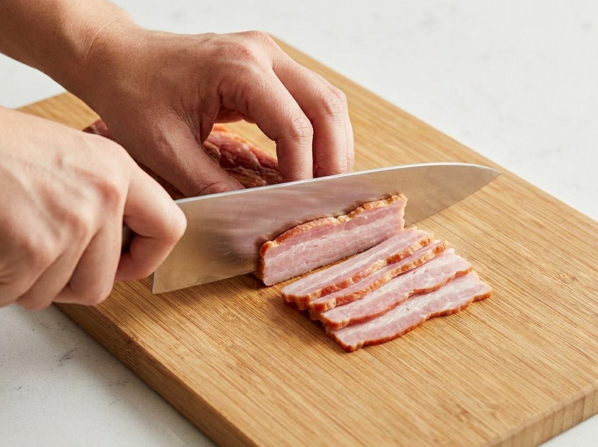 Mani che tagliano una pila di fette di pancetta cruda in striscioline su un tagliere.