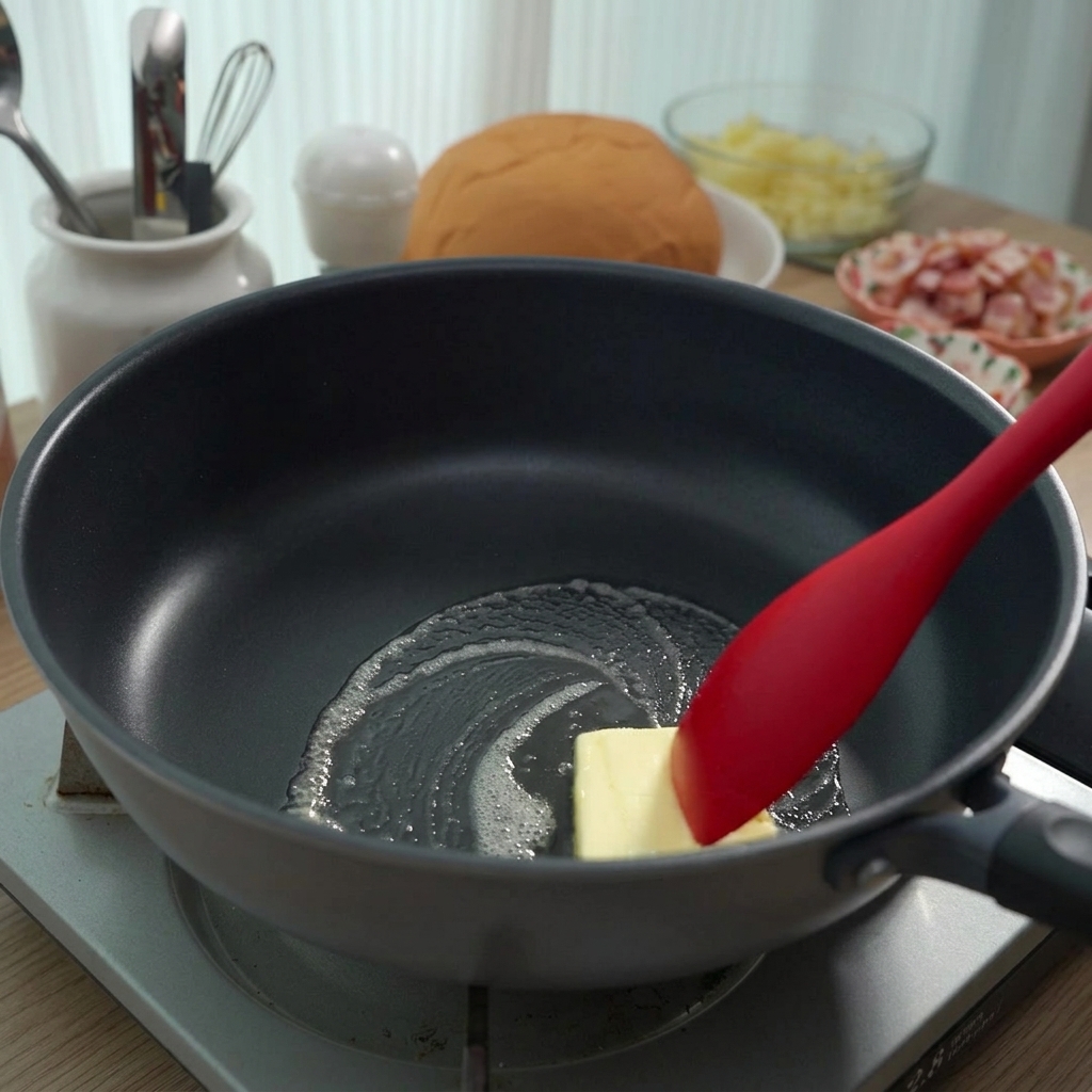 Un pezzetto di burro che si scioglie in una padella nera, mescolato con una spatola rossa.