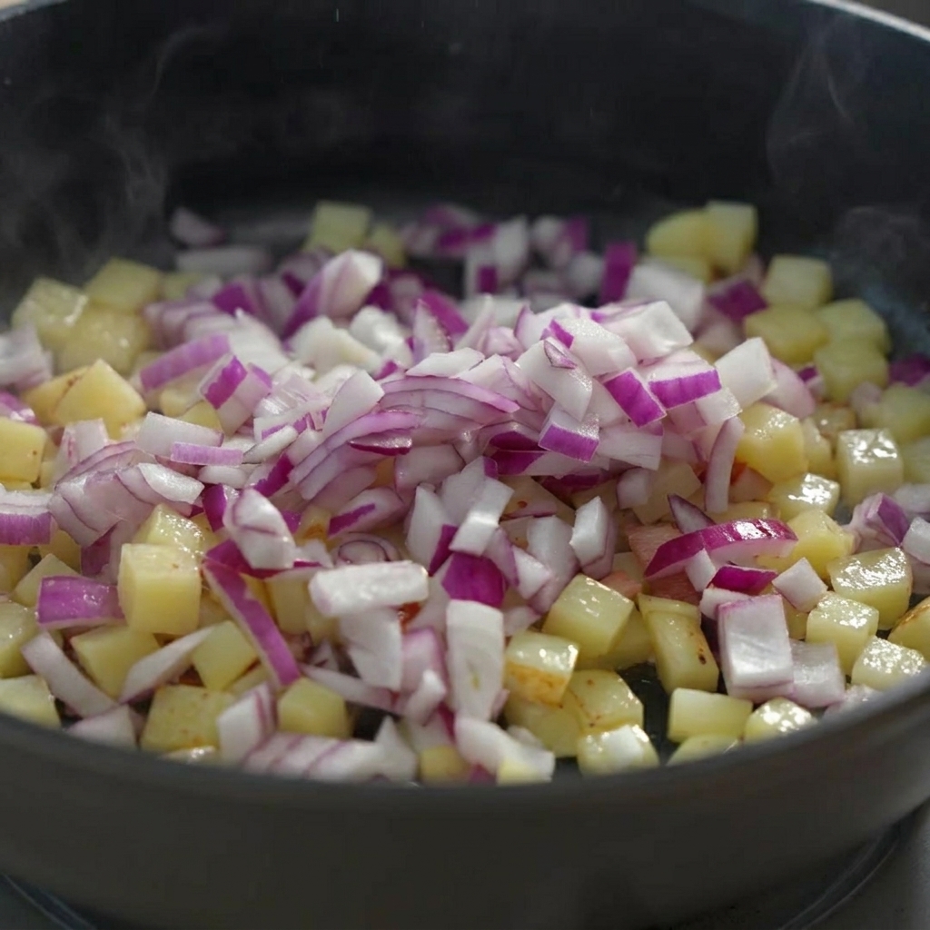 Cipolle rosse tritate versate nella padella calda con patate e pancetta.