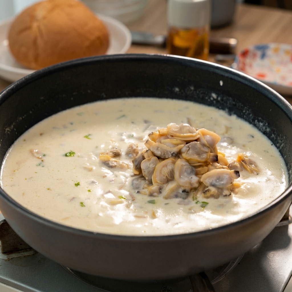 Polpa di vongole cotte aggiunta al centro della zuppa cremosa in padella.
