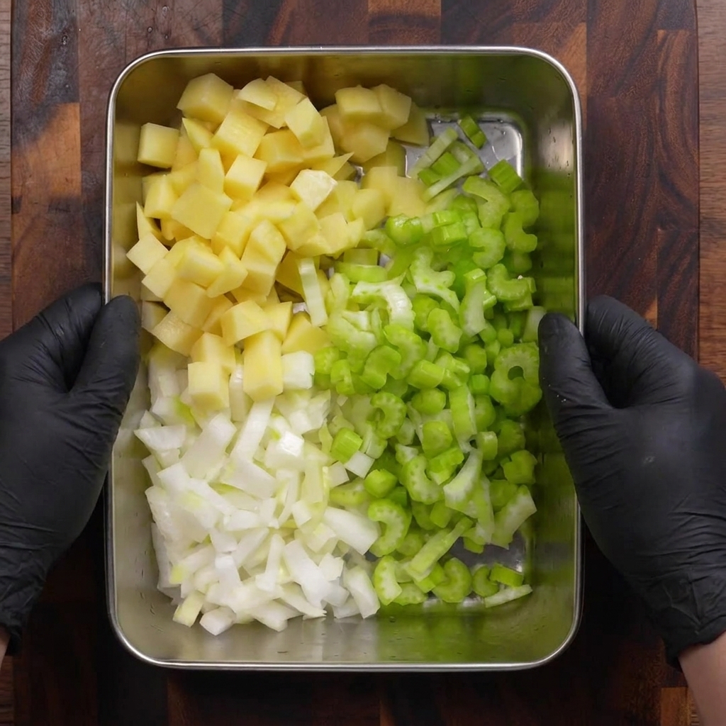 Un vassoio di metallo con mucchietti di patate, sedano e cipolle tagliati a cubetti.