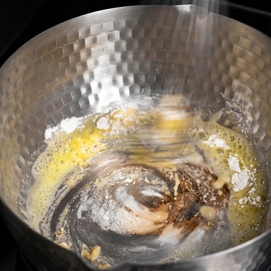 Farina e burro fuso mescolati velocemente con una frusta in un pentolino per formare una pasta densa.