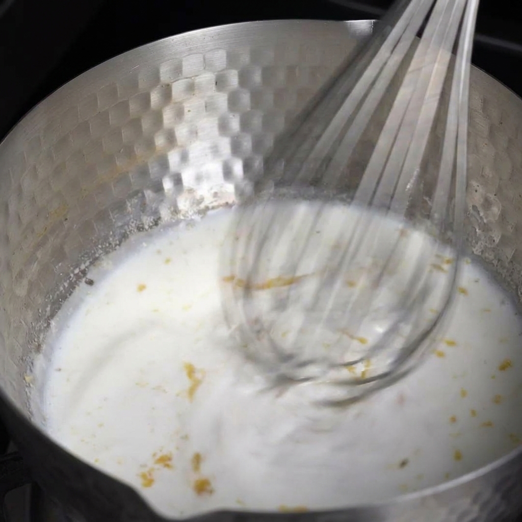 Una frusta che mescola rapidamente una salsa bianca cremosa in una pentola di metallo.