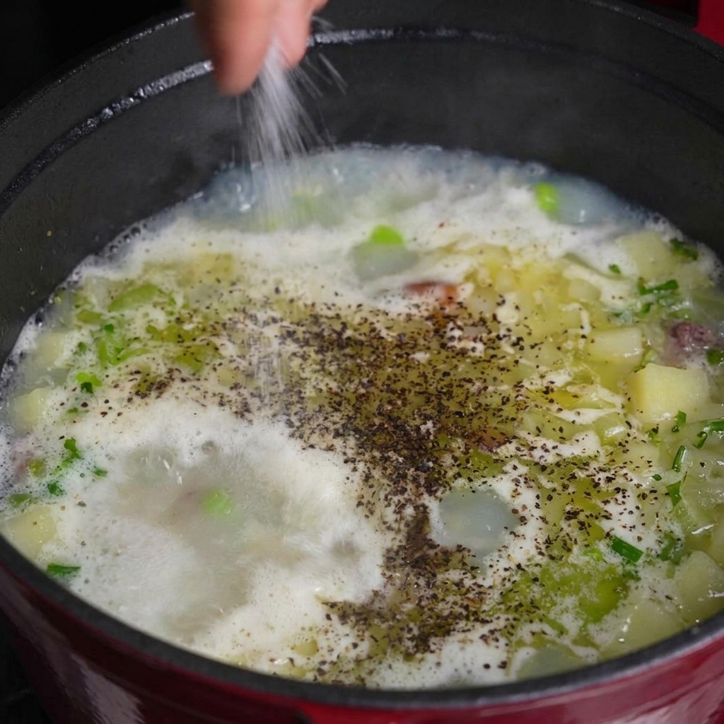 Una mano che sparge sale in una pentola di zuppa bollente con pepe nero e verdure tagliate.
