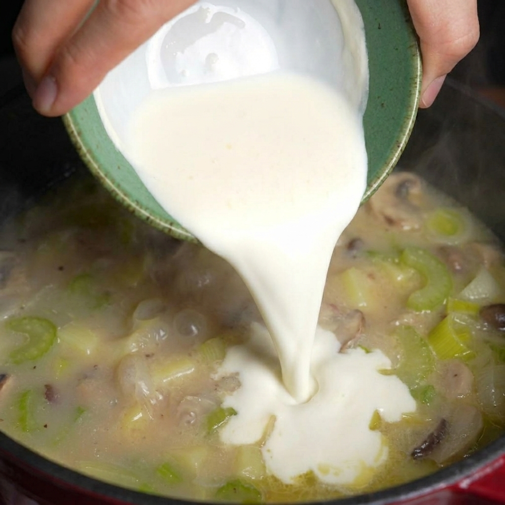 Panna bianca ricca versata da una ciotola di ceramica verde in una pentola con verdure cotte.