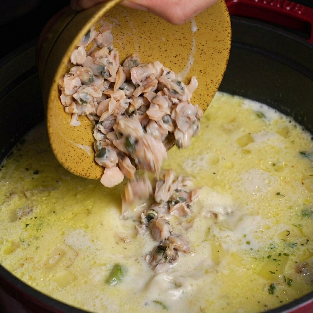 Una persona che versa una ciotola di polpa di vongole tritata in una pentola di chowder cremoso.