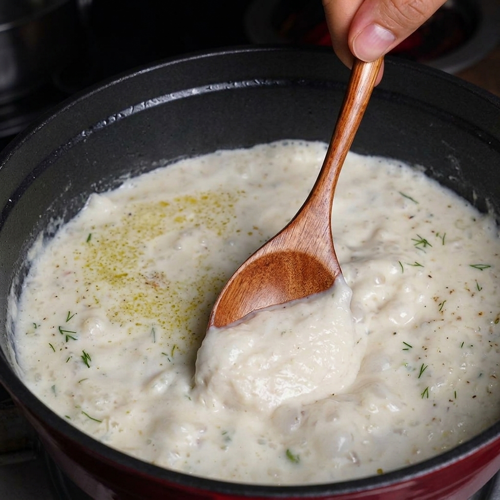 Un cucchiaio di legno che mescola una densa clam chowder con prezzemolo fresco in una pentola scura.