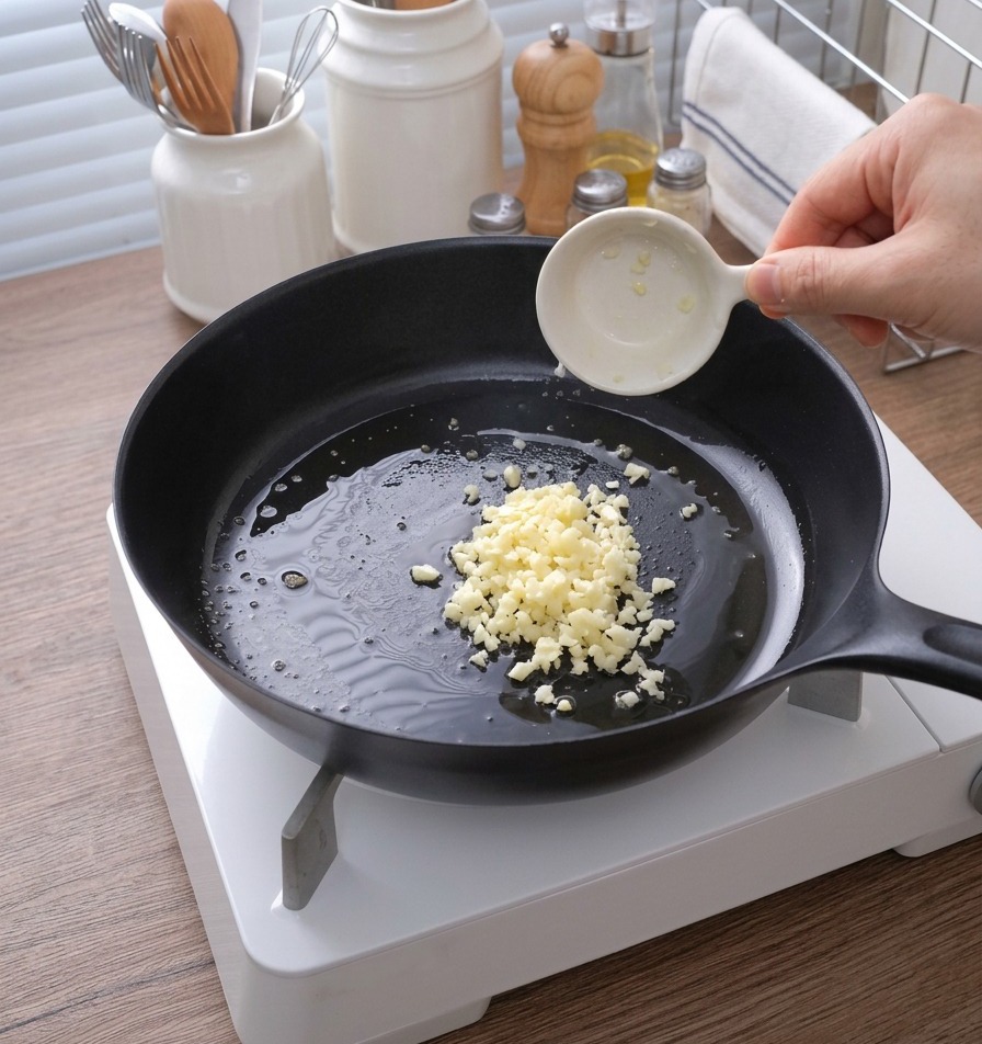Aglio tritato versato da una tazzina bianca in una padella con burro fuso.