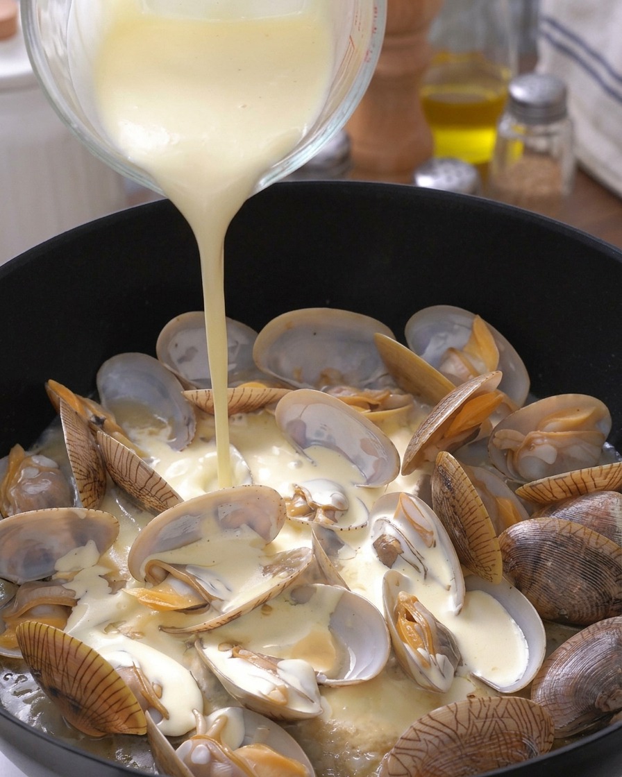Panna liquida versata da un misurino di vetro in una padella di vongole aperte.