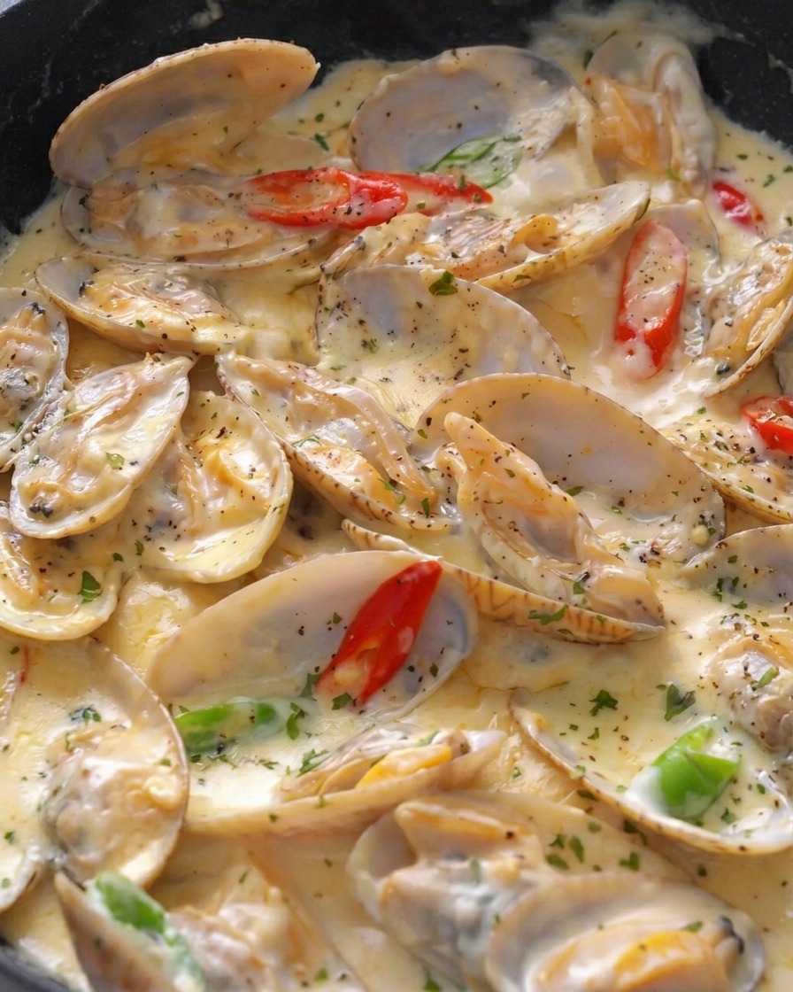Una padella di vongole cremose bollenti guarnite con peperoncino e prezzemolo fresco tritato.