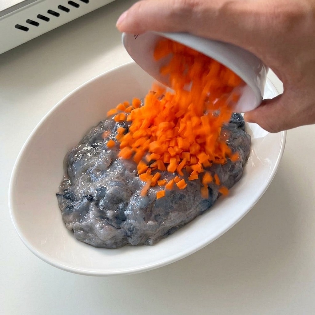 Dadini di carota versati da una ciotolina bianca su una base di pasta di gamberi grigia.