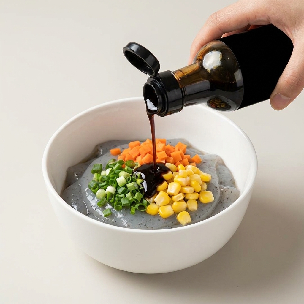 Salsa scura versata da una bottiglia sopra il preparato di gamberi e verdure.