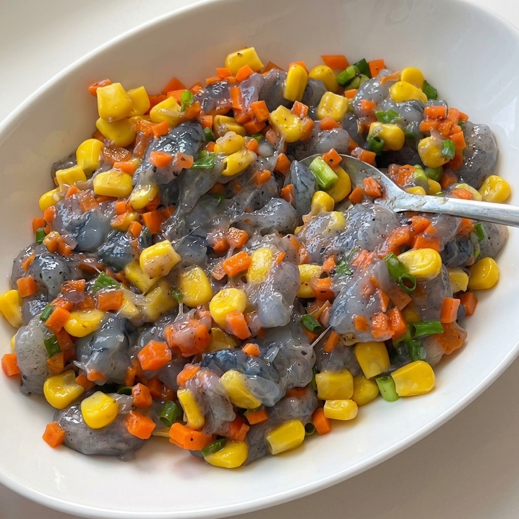 Pasta di gamberi cruda mescolata con mais giallo, carote arancioni e cipollotti verdi.