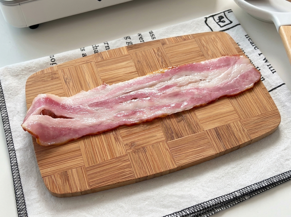Una fetta di pancetta cruda stesa su un tagliere di legno.