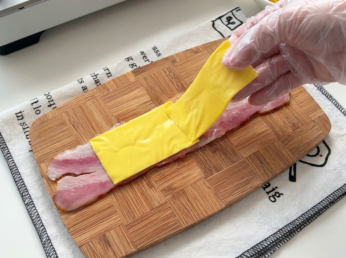 Una mano con guanto posiziona una fetta quadrata di formaggio giallo sopra la pancetta.