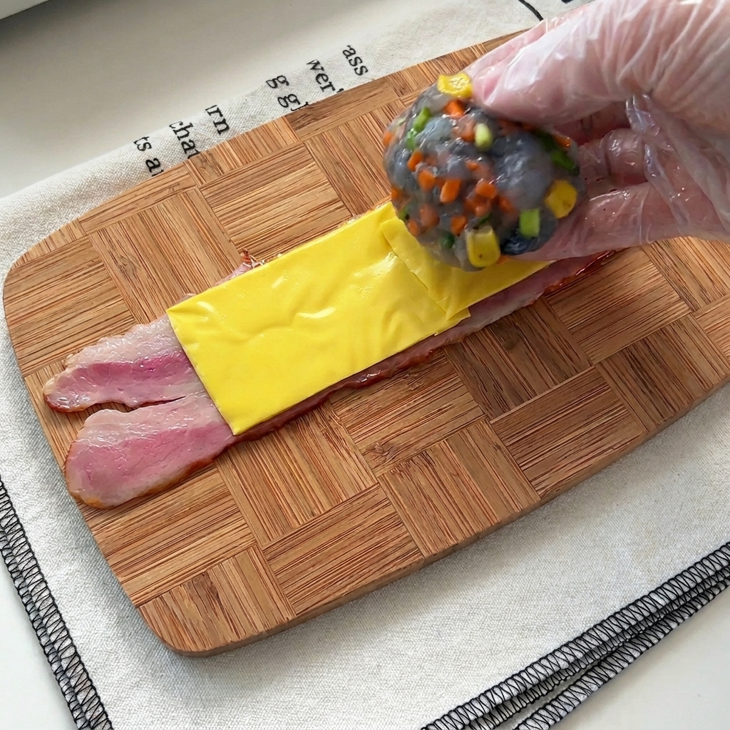 Mano che deposita una pallina di ripieno colorato di gamberi sopra il formaggio e la pancetta.