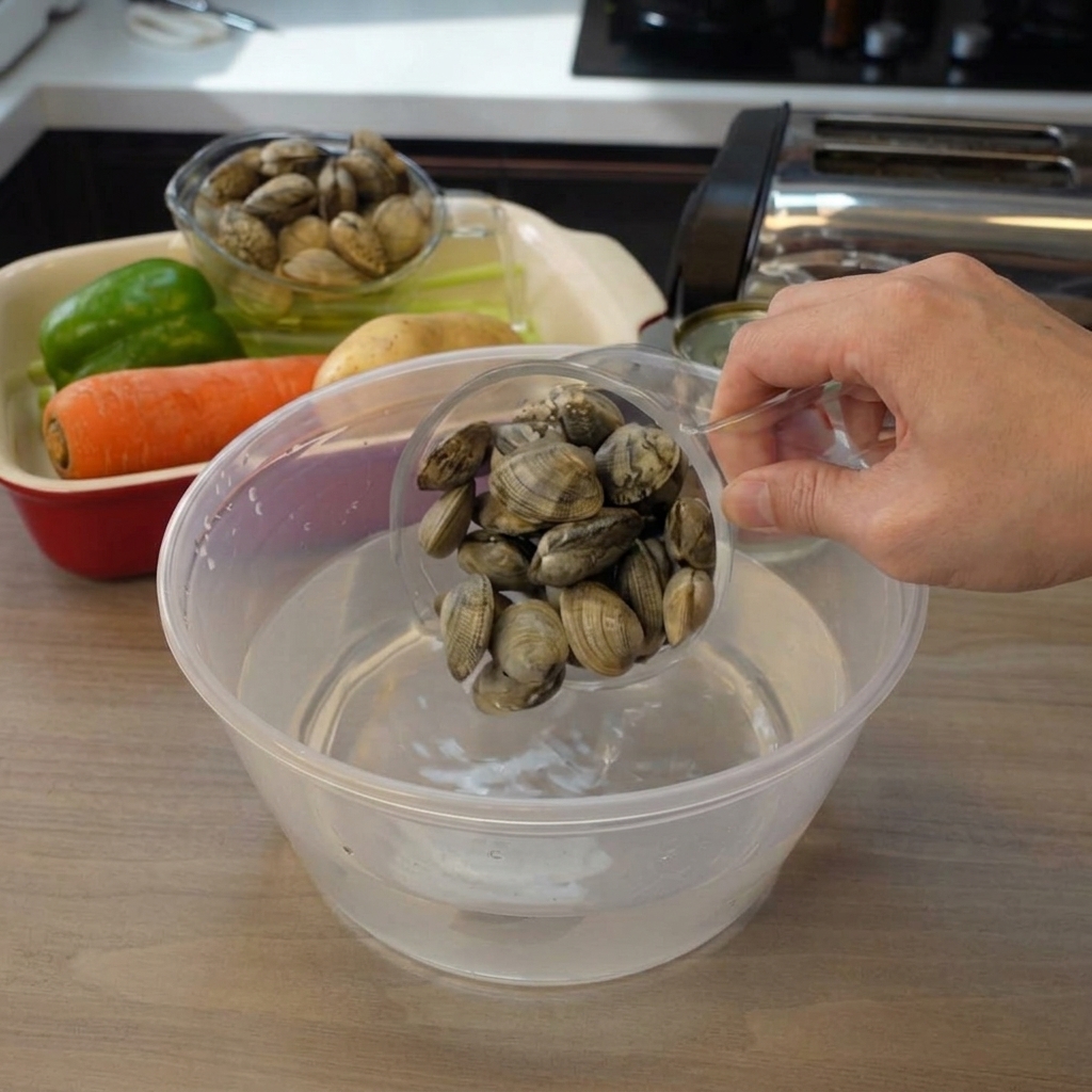 Mani che versano vongole crude da un contenitore di plastica in una ciotola trasparente piena dacqua.