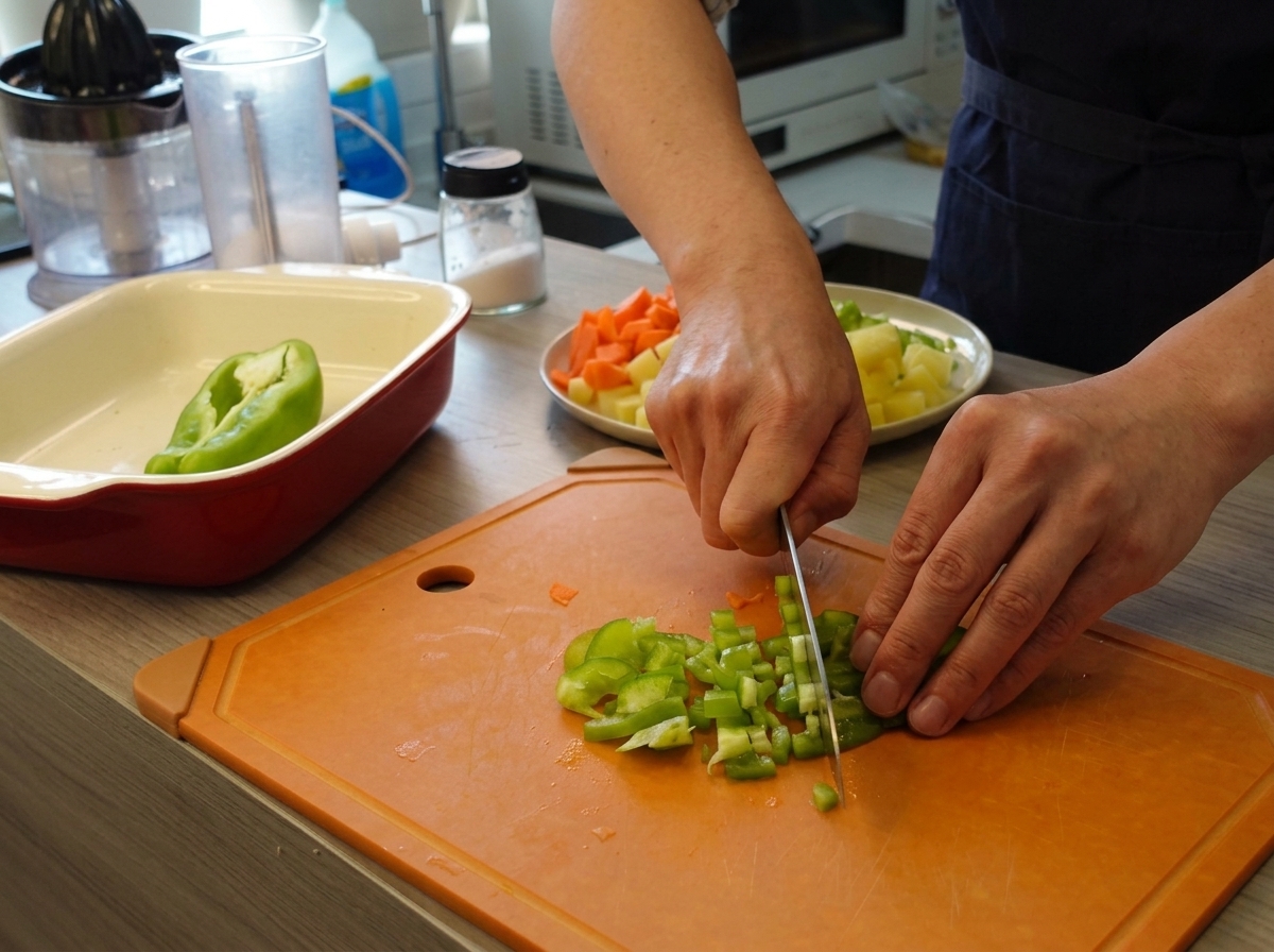 Mani che usano un coltello per tagliare un peperone verde a pezzetti su un tagliere arancione.
