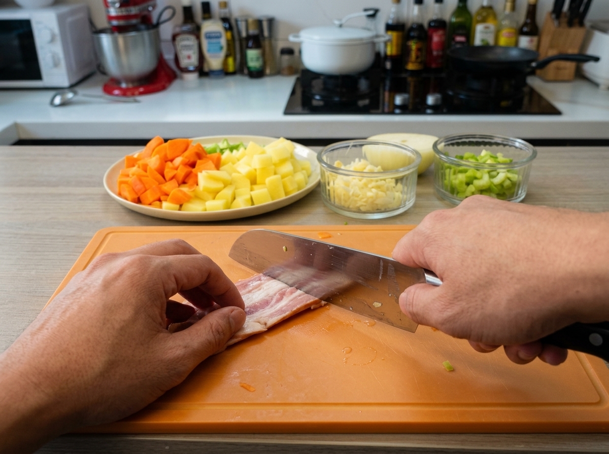 Mani che usano un coltello da chef per tagliare fettine di bacon crudo a pezzetti su un tagliere arancione, con piatti di verdure preparate sullo sfondo.