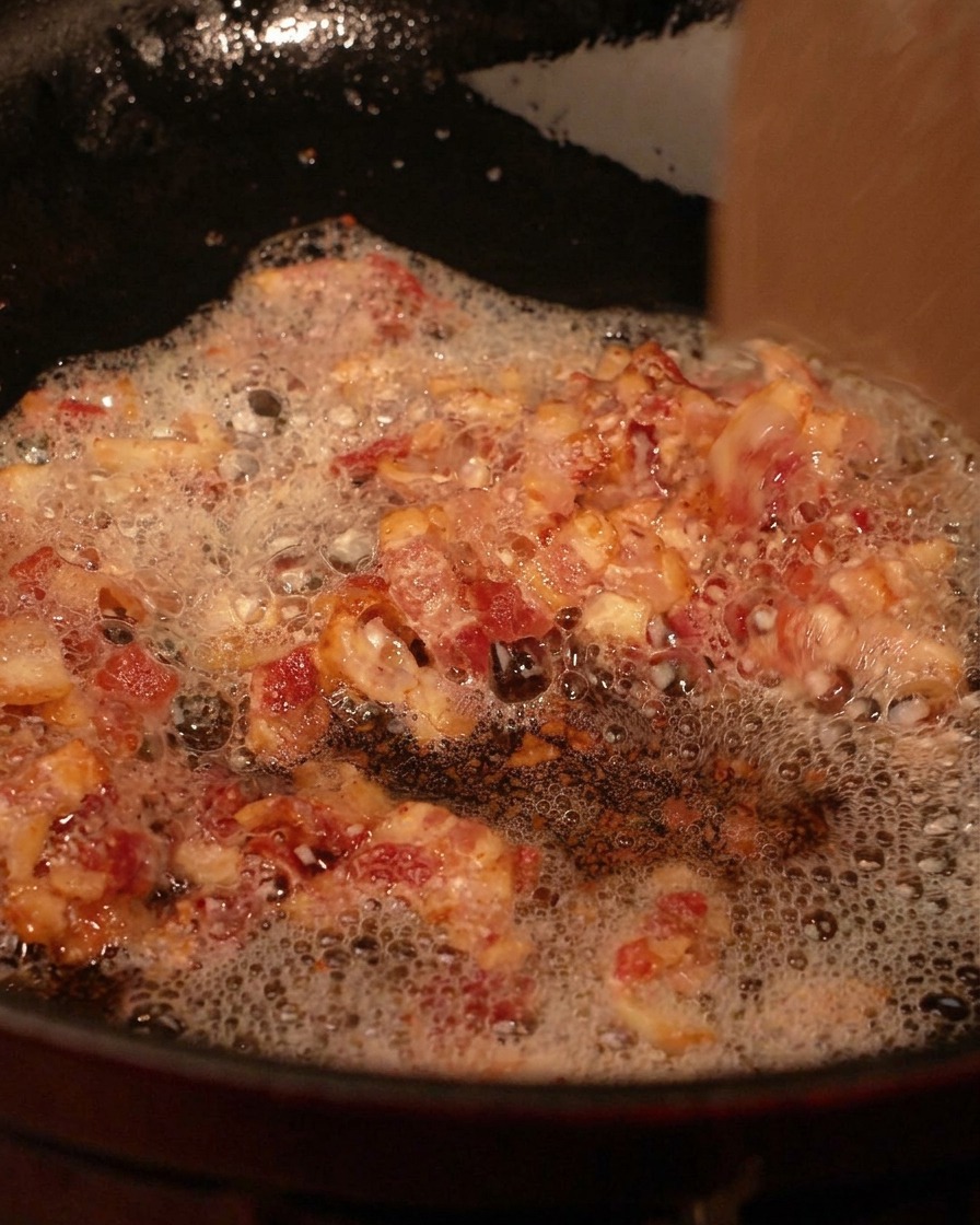 Pezzetti di pancetta croccante che sfrigolano nel grasso fuso in una padella nera, prelevati con una schiumarola di legno.