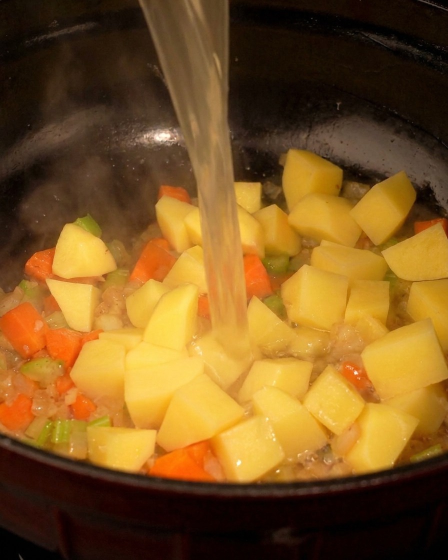 Brodo di pollo limpido versato in una pentola nera piena di cubetti di patate, carote, sedano e cipolle.