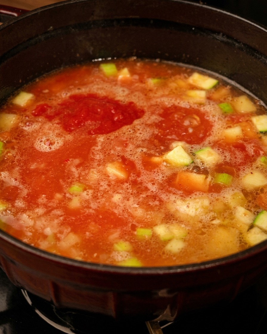 Un mestolo di passata di pomodoro rossa sopra una pentola colma di brodo di pollo e verdure a dadini.