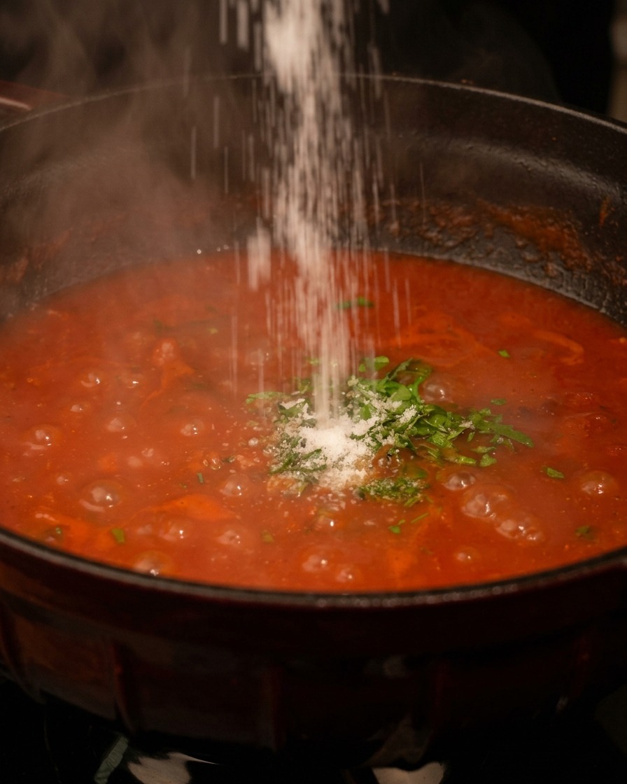 Sale che viene spolverato dallalto in una pentola di zuppa rossa fumante guarnita con erbe verdi fresche.