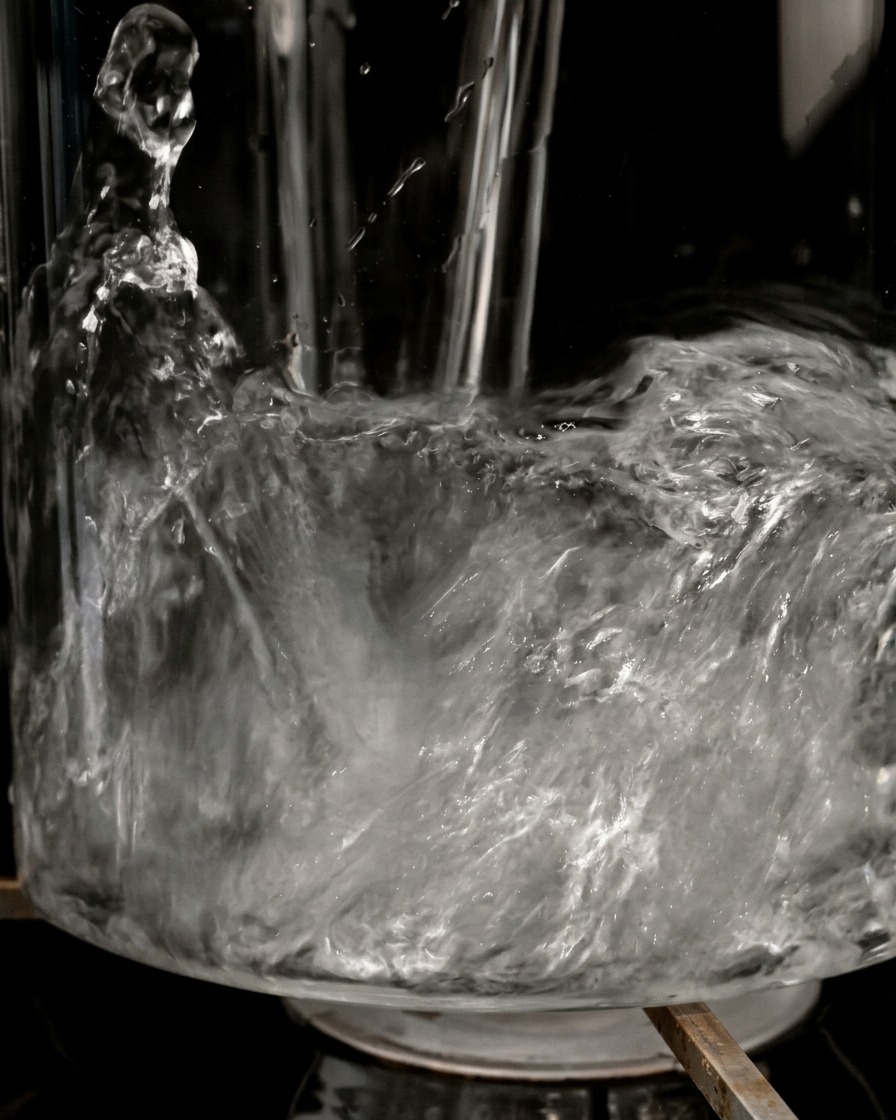 Acqua che scorre in una pentola di vetro trasparente su sfondo scuro, con bolle e movimento.