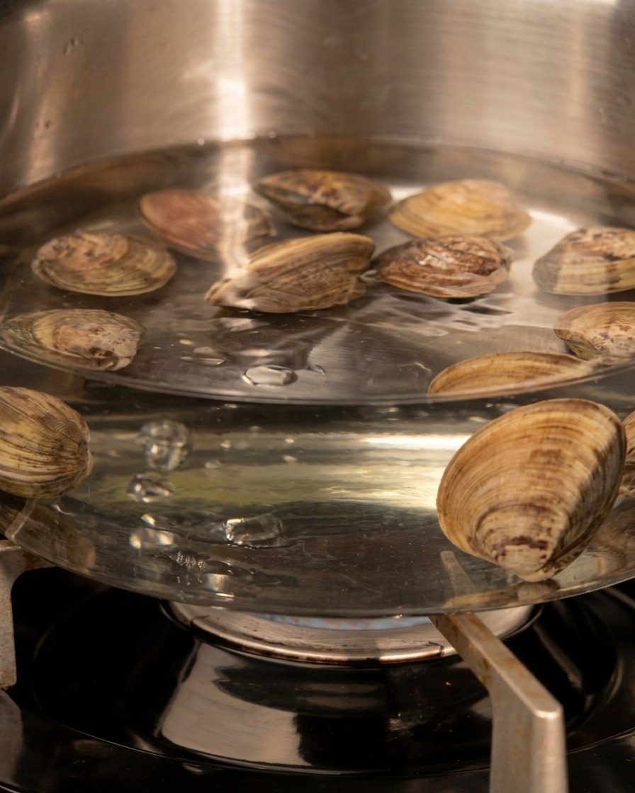 Vongole fresche chiuse che vengono immerse in una pentola di acqua bollente su un fornello a gas.