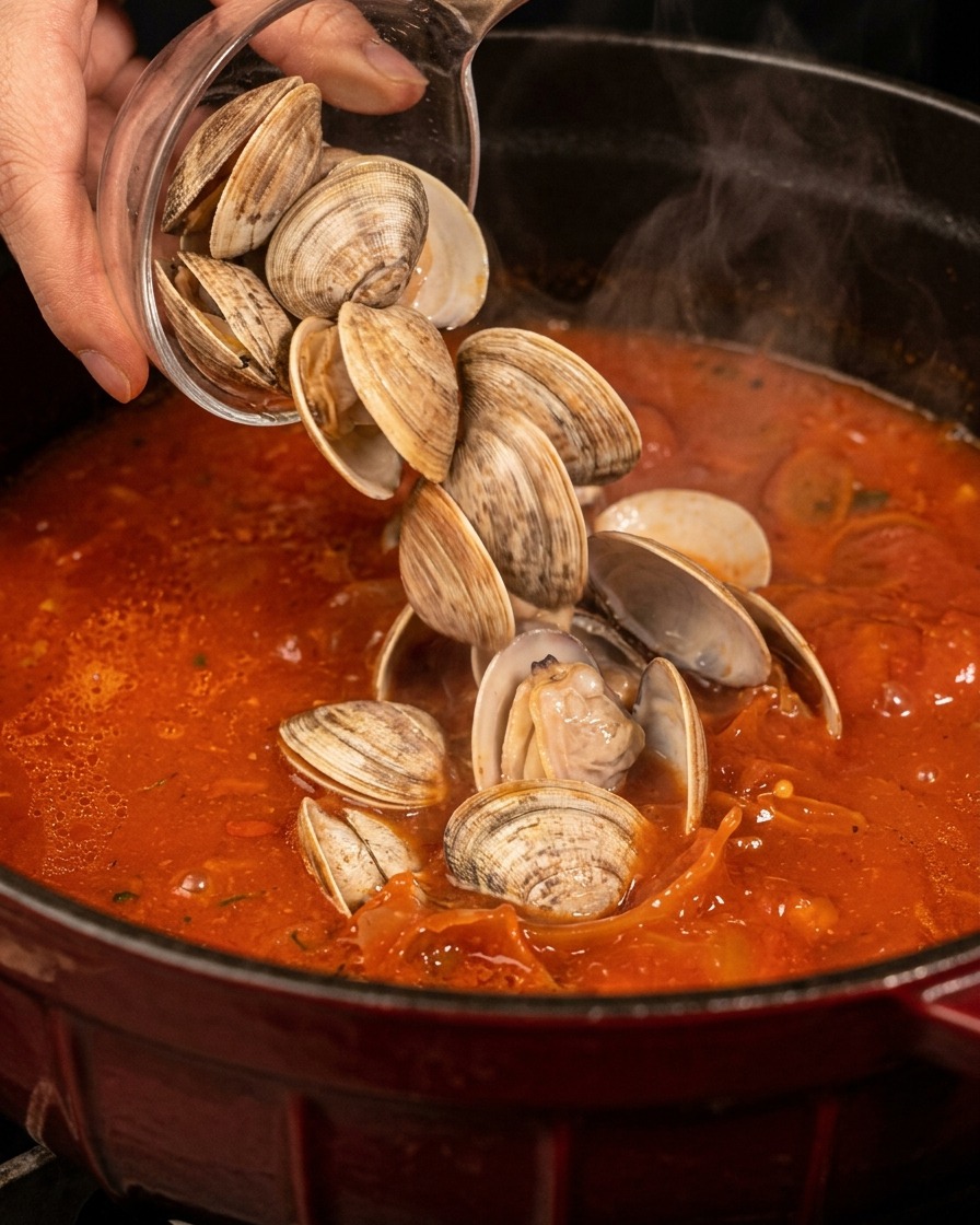 Mano che versa vongole cotte da un contenitore di vetro in una vivace zuppa di pomodoro rossa che sobbolle in una pentola di ghisa.