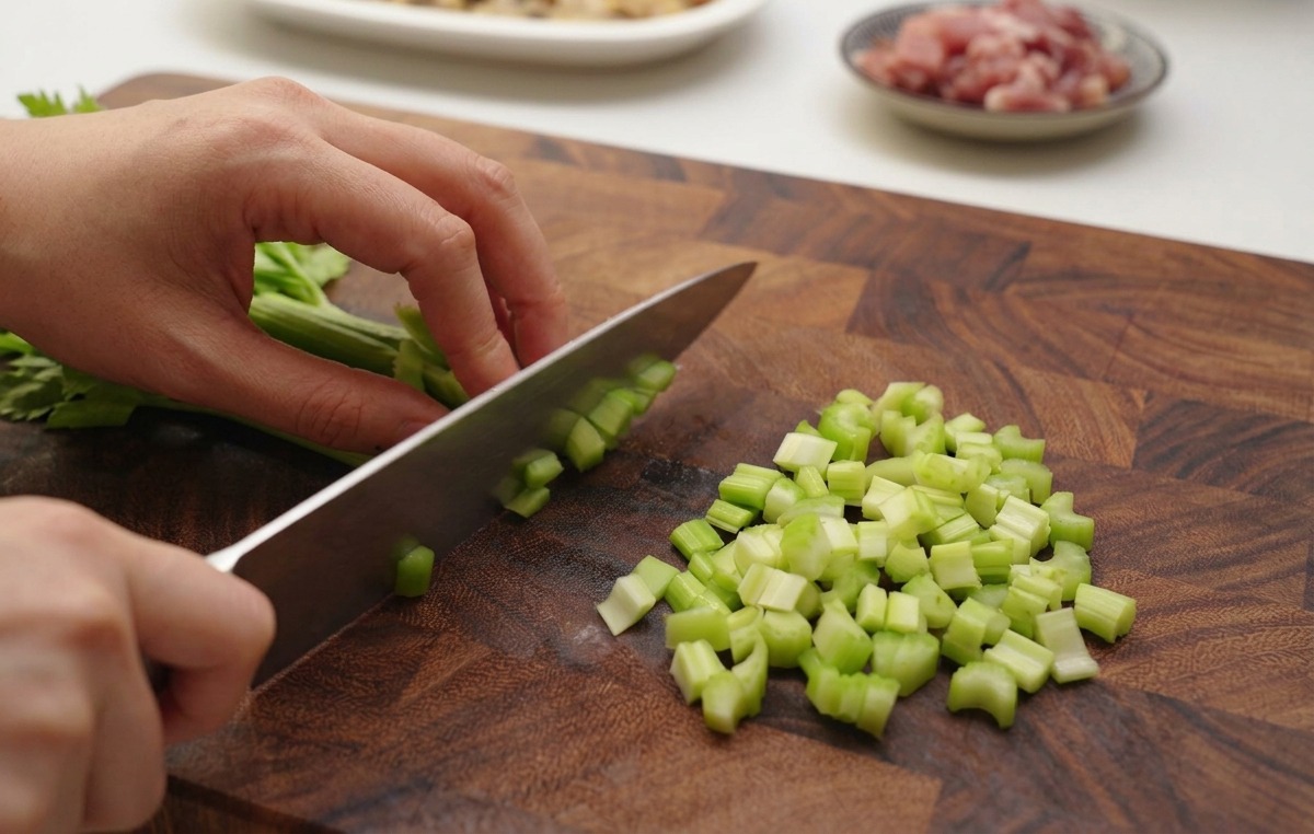 Mani che tagliano gambi di sedano verde croccante a cubetti sottili su un tagliere di legno.