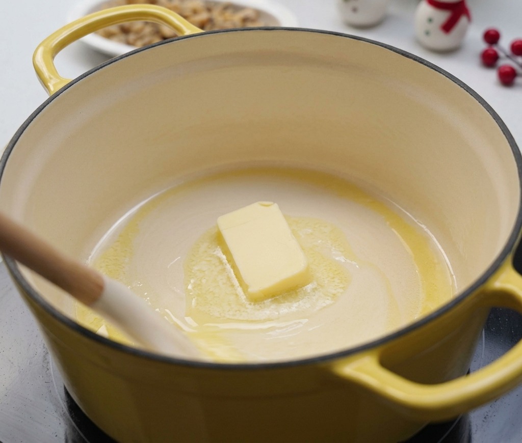 Un panetto di burro che si scioglie in una pentola gialla a fuoco basso, mescolato delicatamente con una spatola bianca.