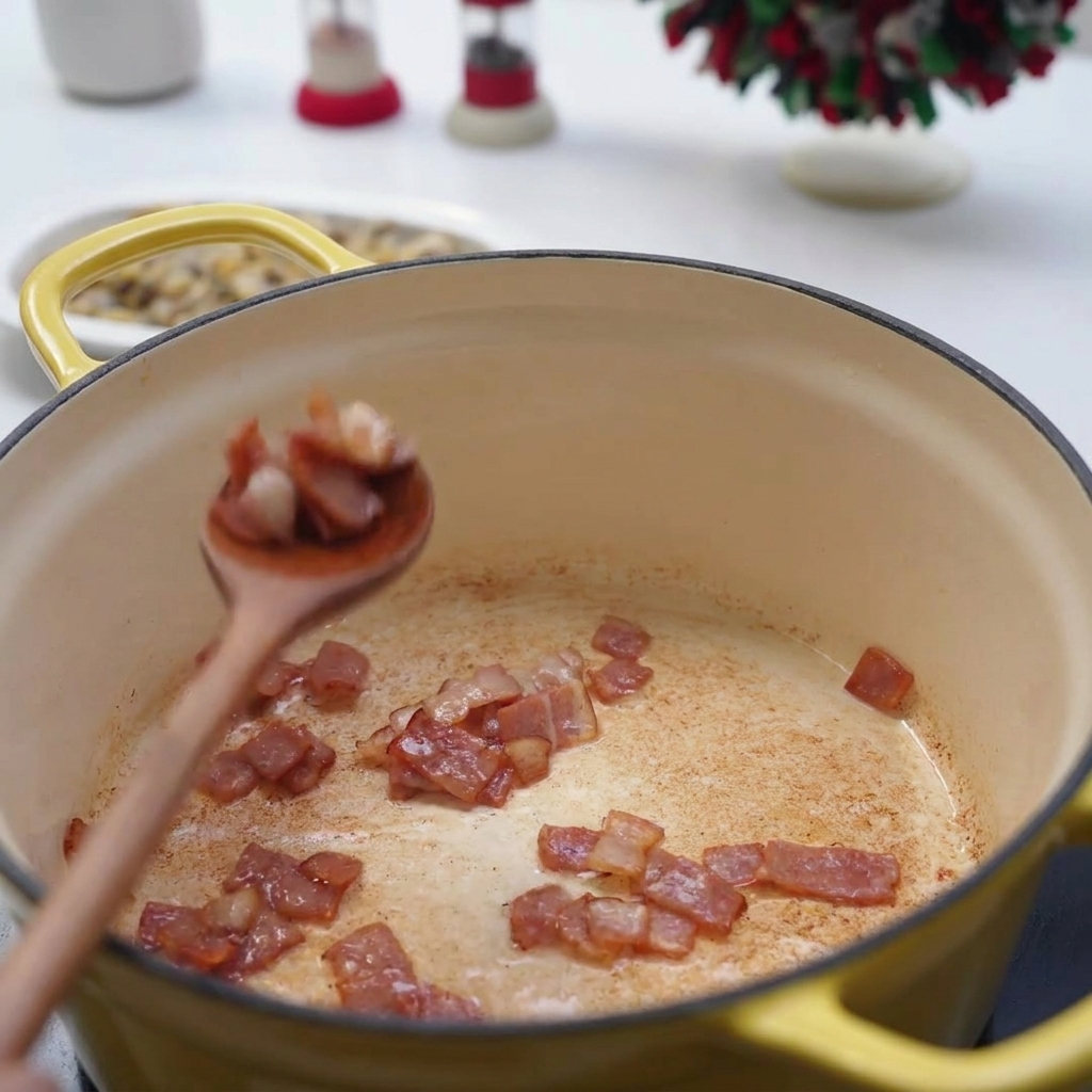 Un cucchiaio di legno che solleva pezzi di pancetta croccante da una pentola gialla.