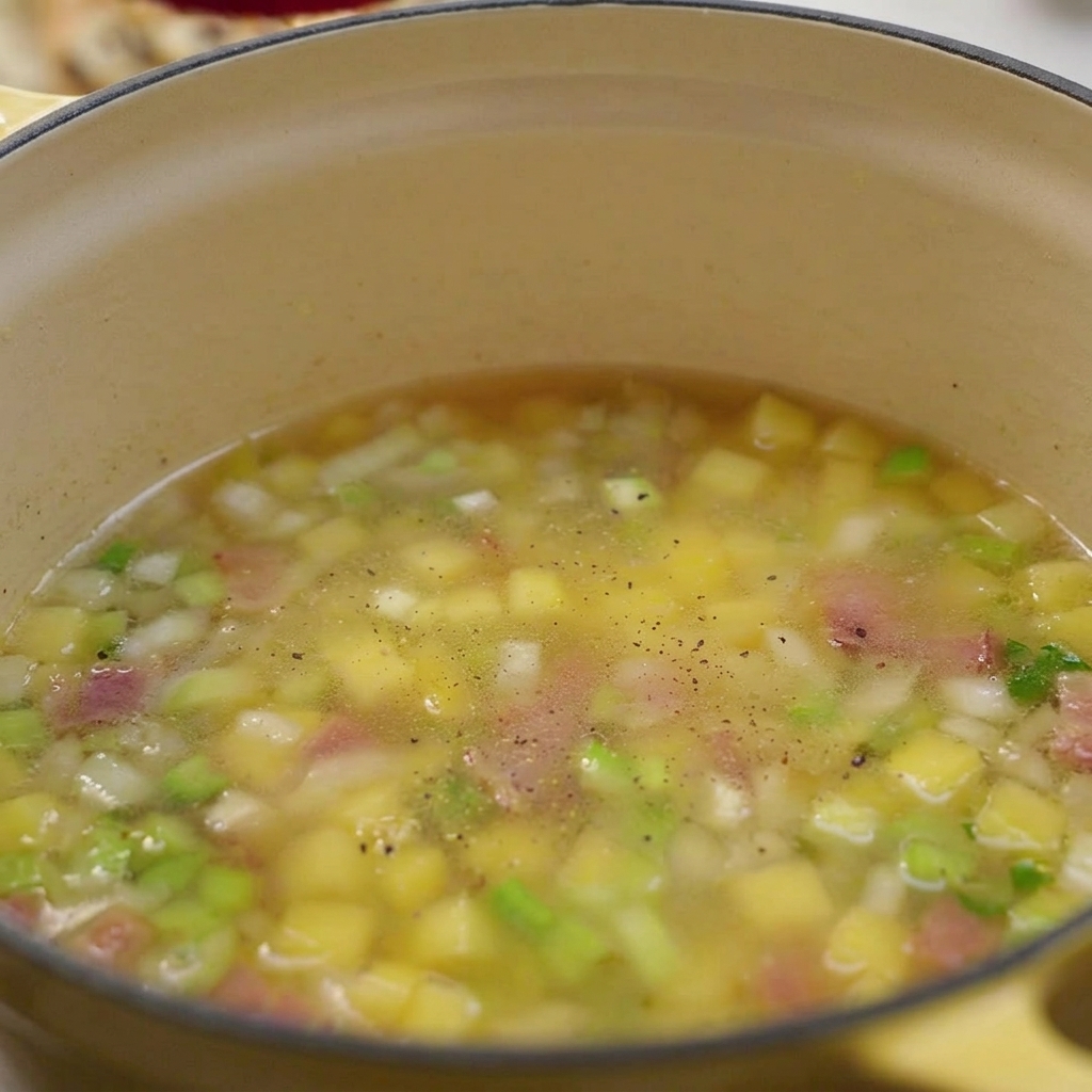 Brodo che sobbolle con patate, sedano e pancetta, punteggiato da pepe nero macinato fresco in una pentola gialla.