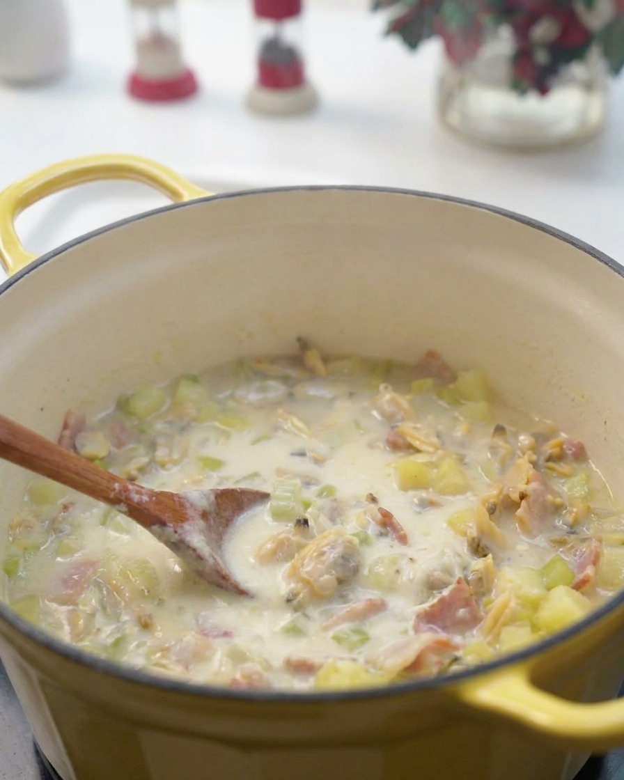 Una vellutata bianca densa e liscia versata a filo in una pentola di base per chowder.