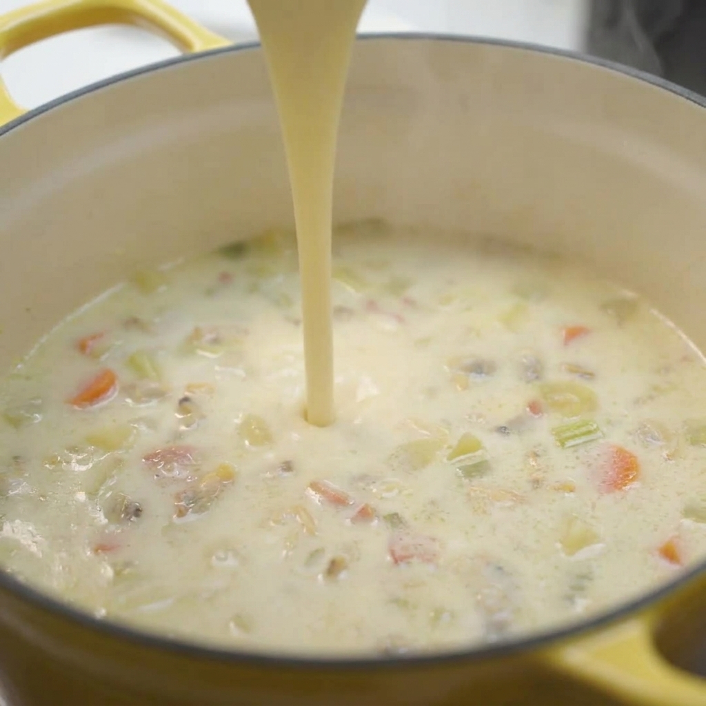 Un cucchiaio di legno che mescola una densa clam chowder cremosa con pezzi visibili di vongole, pancetta e patate.