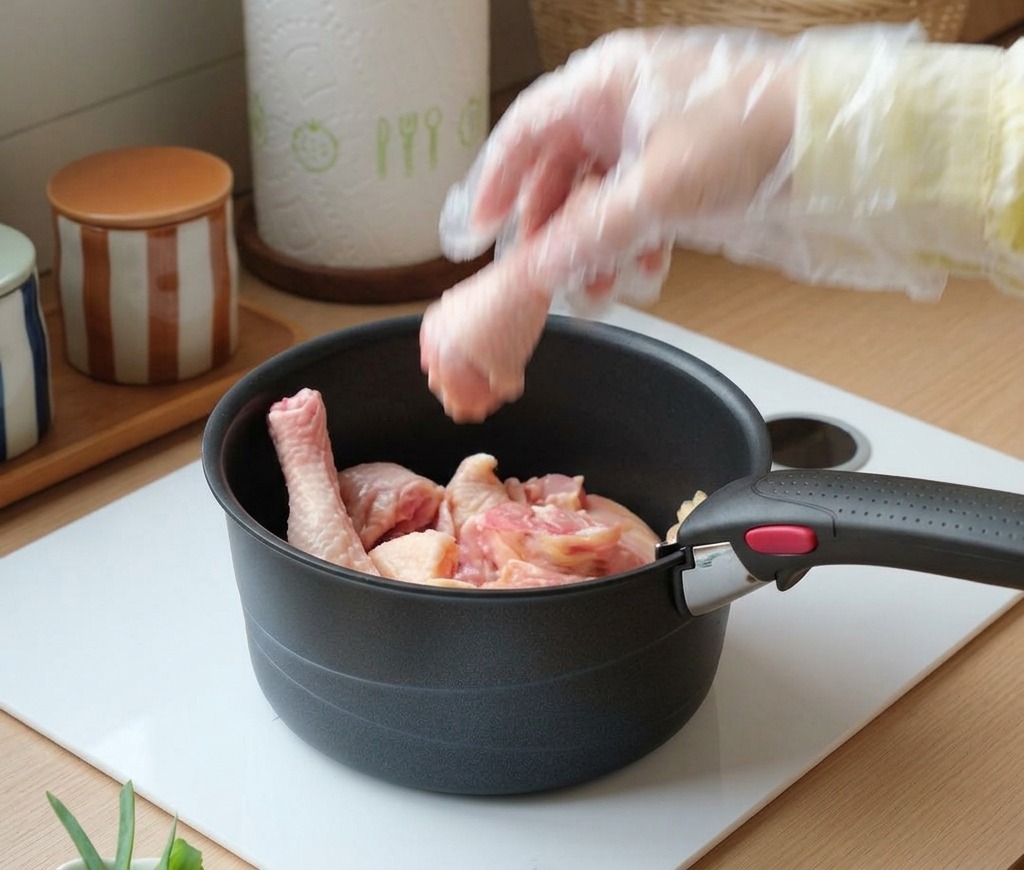 Una mano guantata che mette fusi di pollo crudo in una pentola nera.