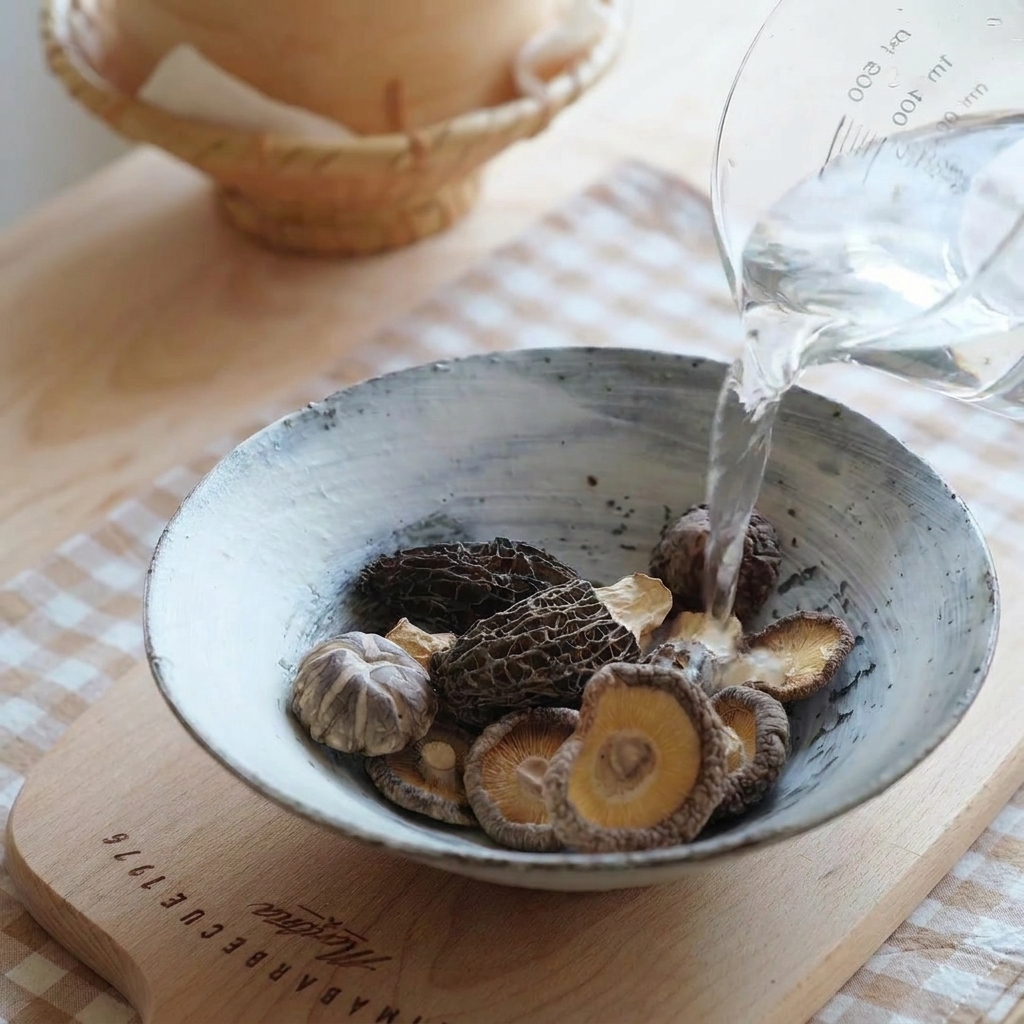 Acqua versata da un misurino di vetro in una ciotola con funghi morelle e shiitake secchi.