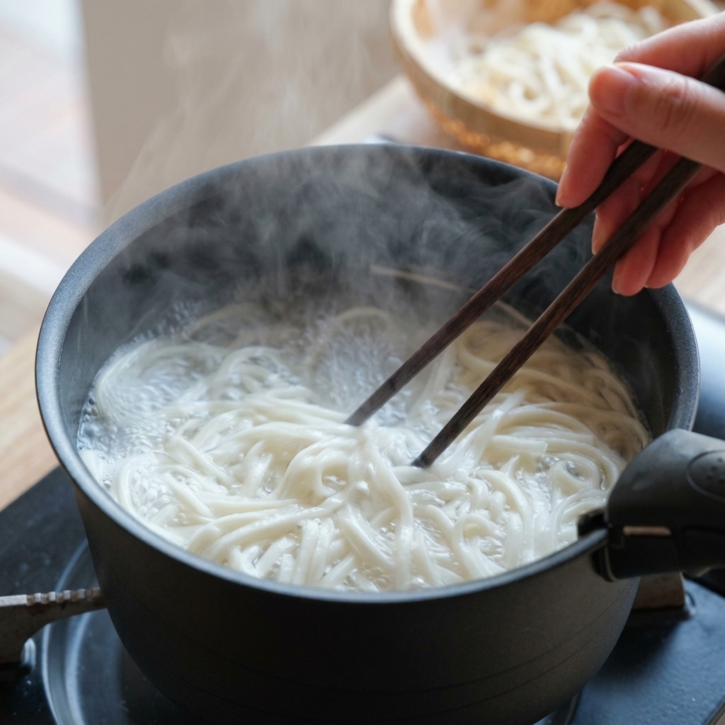 Noodles bianchi che bollono in una pentola nera, mescolati delicatamente con bacchette di legno.