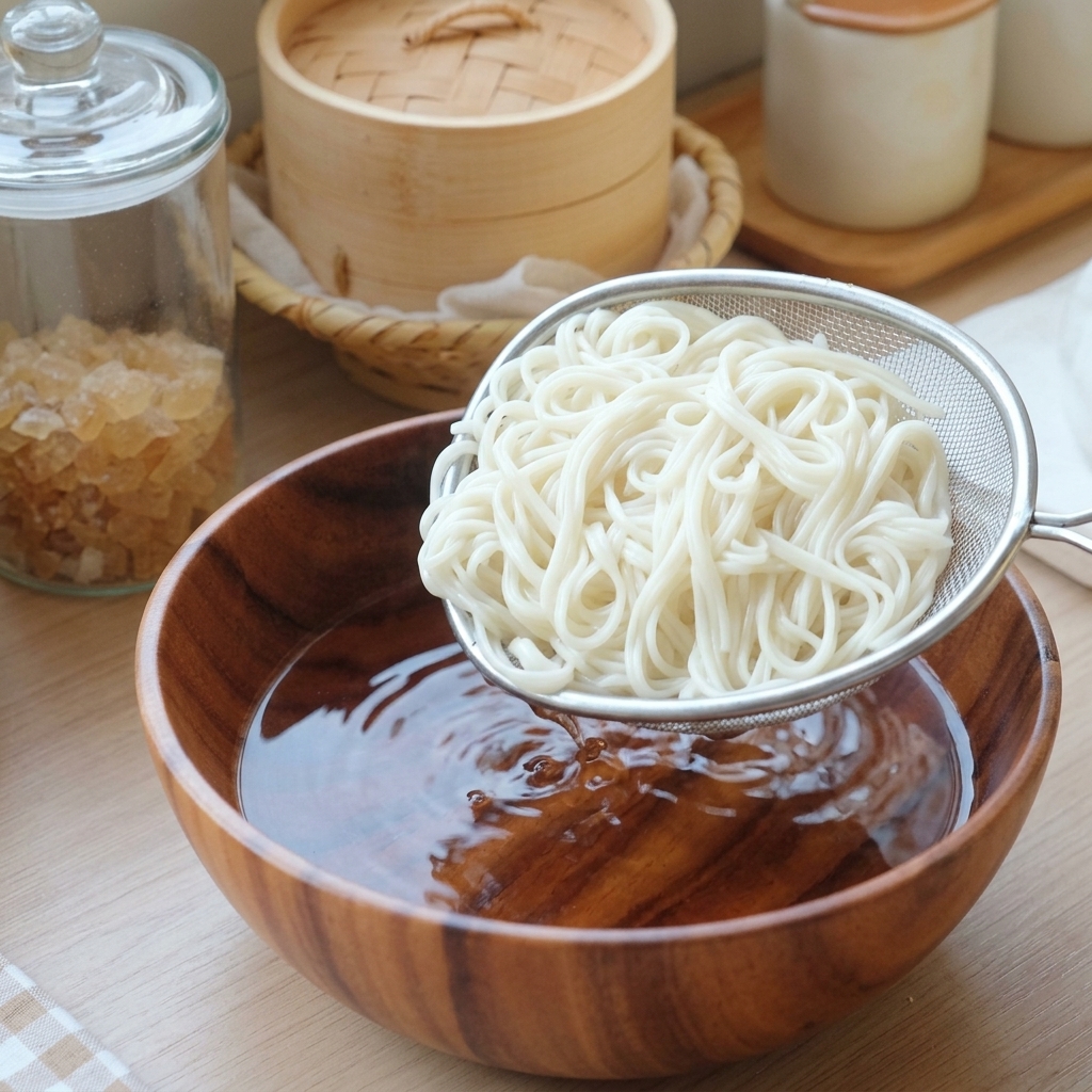 Noodles bianchi cotti sollevati dallacqua con un grande colino a rete metallica.