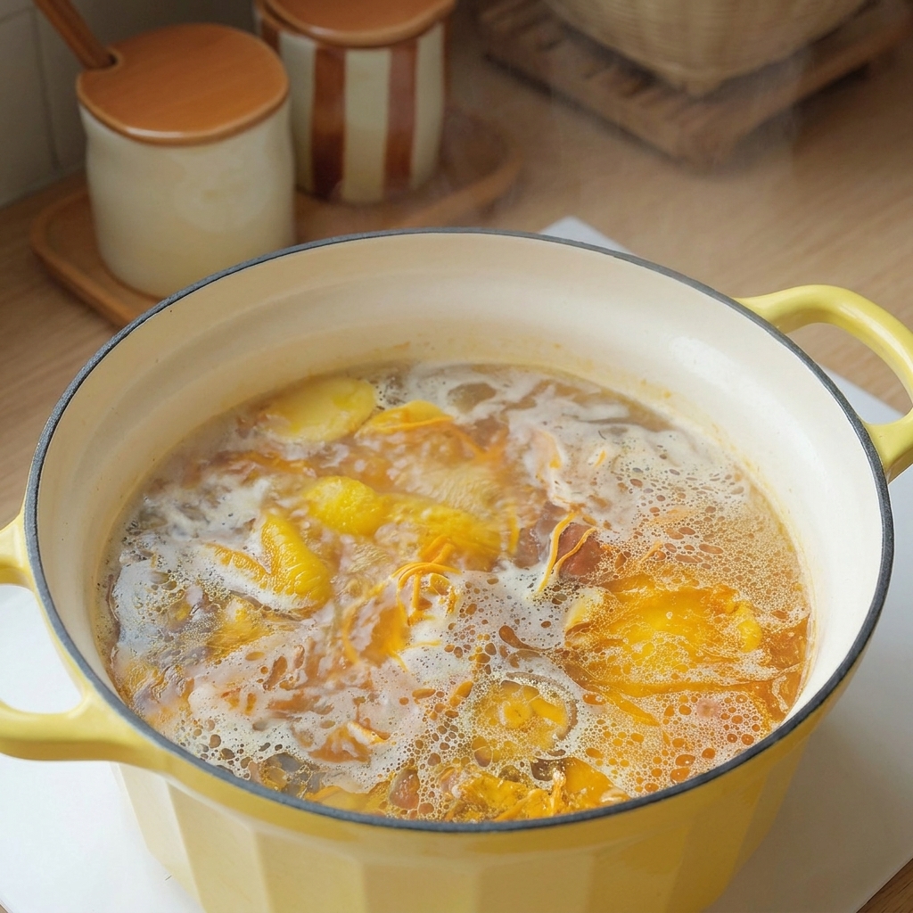 Brodo dorato di pollo e funghi che bolle in una pentola di ghisa gialla.