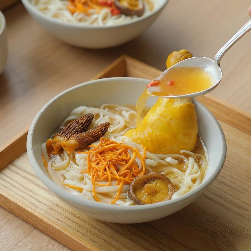 Un mestolo di metallo che versa brodo di pollo caldo su noodles, un fuso di pollo e funghi in una ciotola di ceramica.